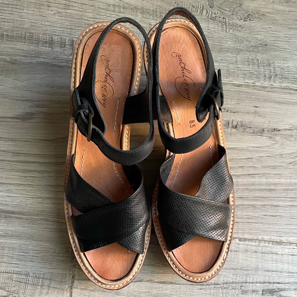Rachel Comey Black Leather Cross-Strap Wedge Sandals with Wood Platform - Picture 5 of 16